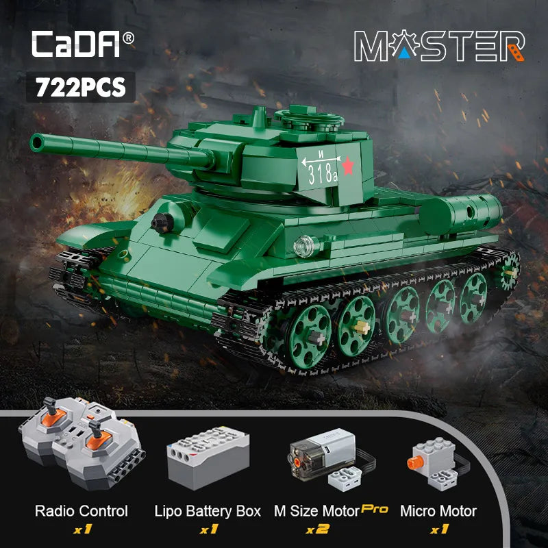 Cada 727Pcs WW2 Remote Control Military T34 Medium Tank Building Blocks Compatible City RC Army Weapon Bricks Toys Boy