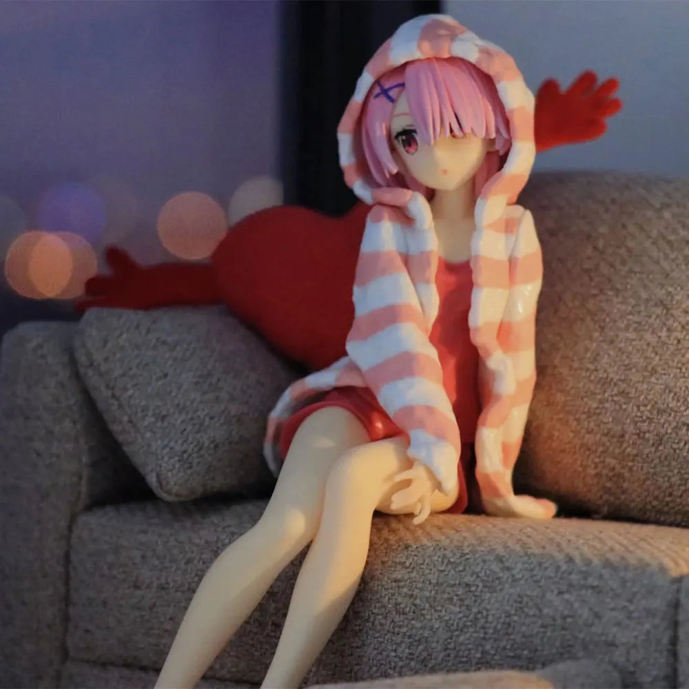 14CM Anime Re:Life In A Different World From Zero Figure Ram And Rem Pajamas Instant Noodles Press Sitting Position Anime Model