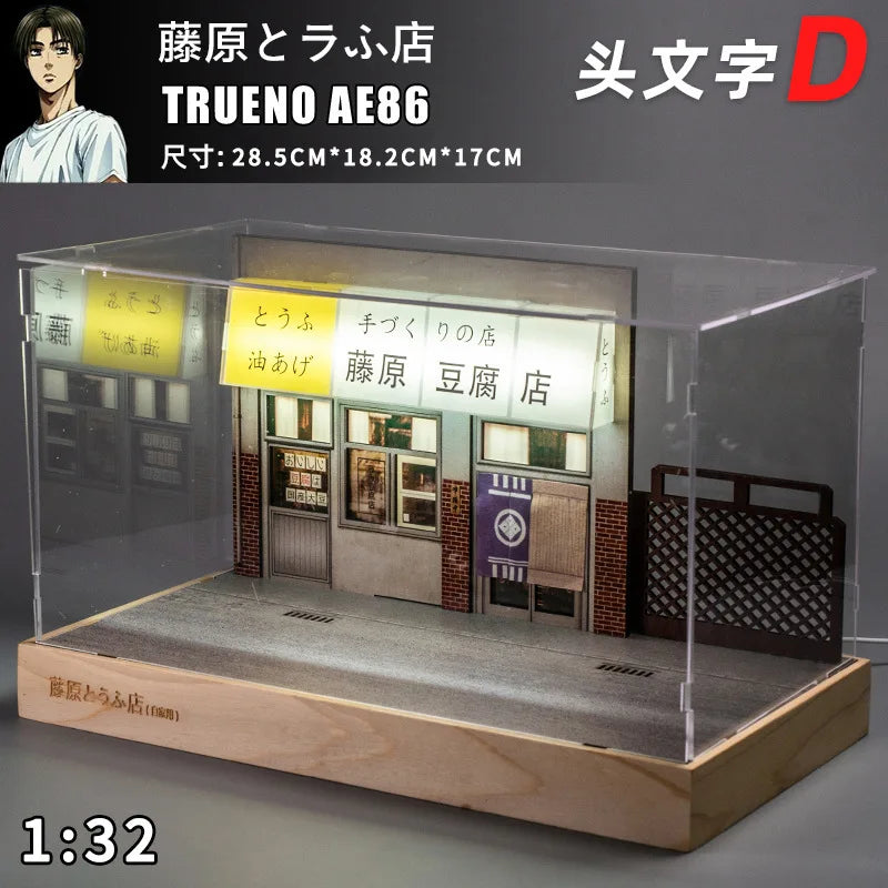 1:32 Initial D AE86 Fujiwara Tofu Shop Garage Display Case PVC Parking Lot Model Simulation Miniature Parking Space Scene