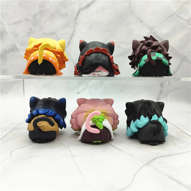 6PCS/Set Anime Demon Slayer Figure Nezuko Tanjirou Zenitsu Inosuke Mini Figurine Kawaii Cat Ear Sleep Figure PVC Model Doll Toys