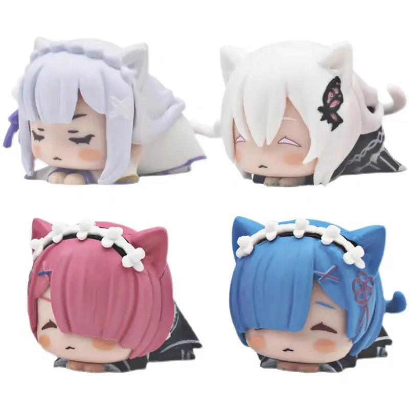 4CM Anime Figure RE: Zero-Starting Life in Another World Kawaii Rem Emilia Cute Cat Ears Lying Model Children's Toys PVC Doll