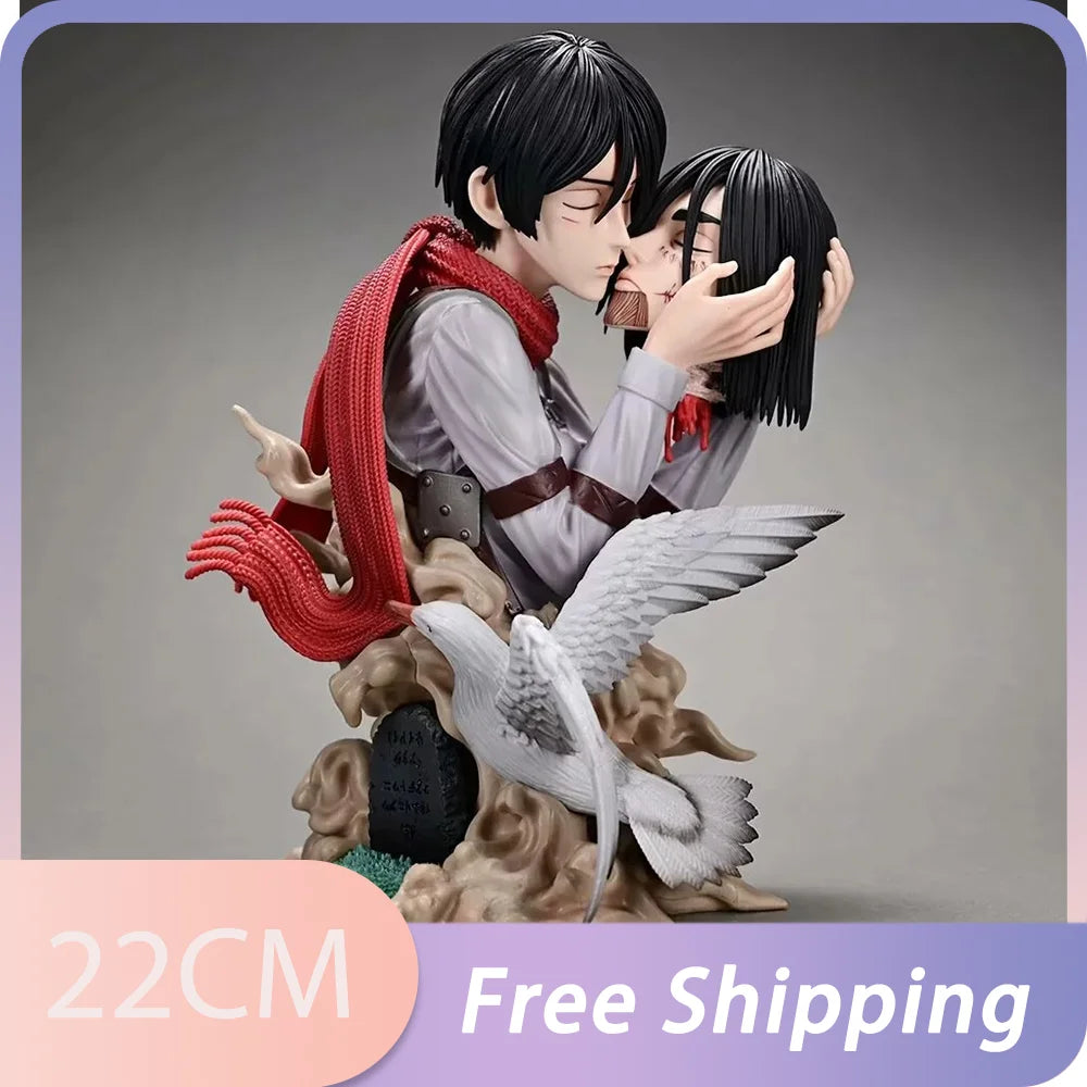 Attack On Titan Anime Figures Eren Jaeger Mikasa Ackerman Action 22CM Statue One Last Kiss Model Collect Desk Decor Toys Gifts