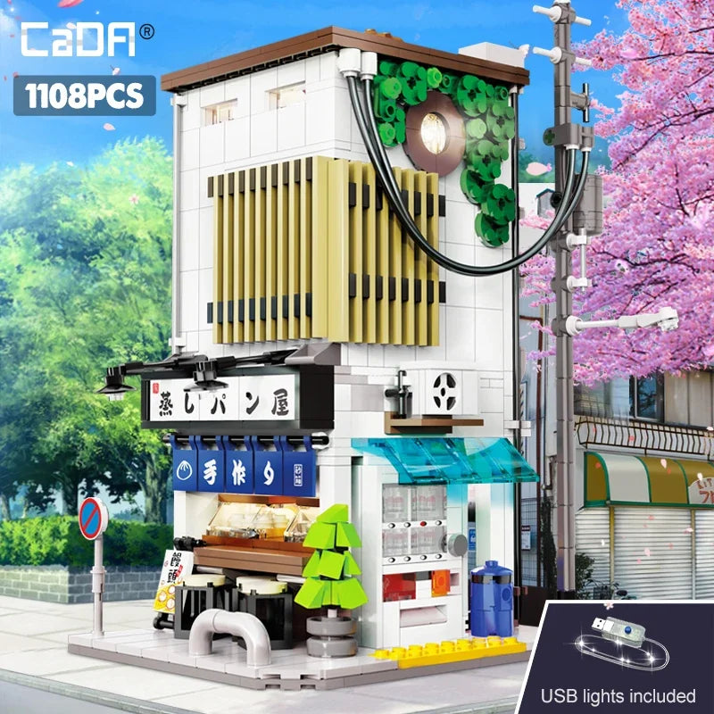Cada City LED Japanese Steamed Bun House Architecture Building Blocks Friends Shop Figures Bricks Toys cherry blossom Kids Gifts