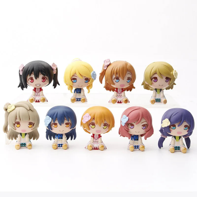 9Pcs/1Set Q Version Anime Figure Love Live! School Idol Project Kotori Minami Honoka Kousaka PVC Cute Sitting Figure Toy