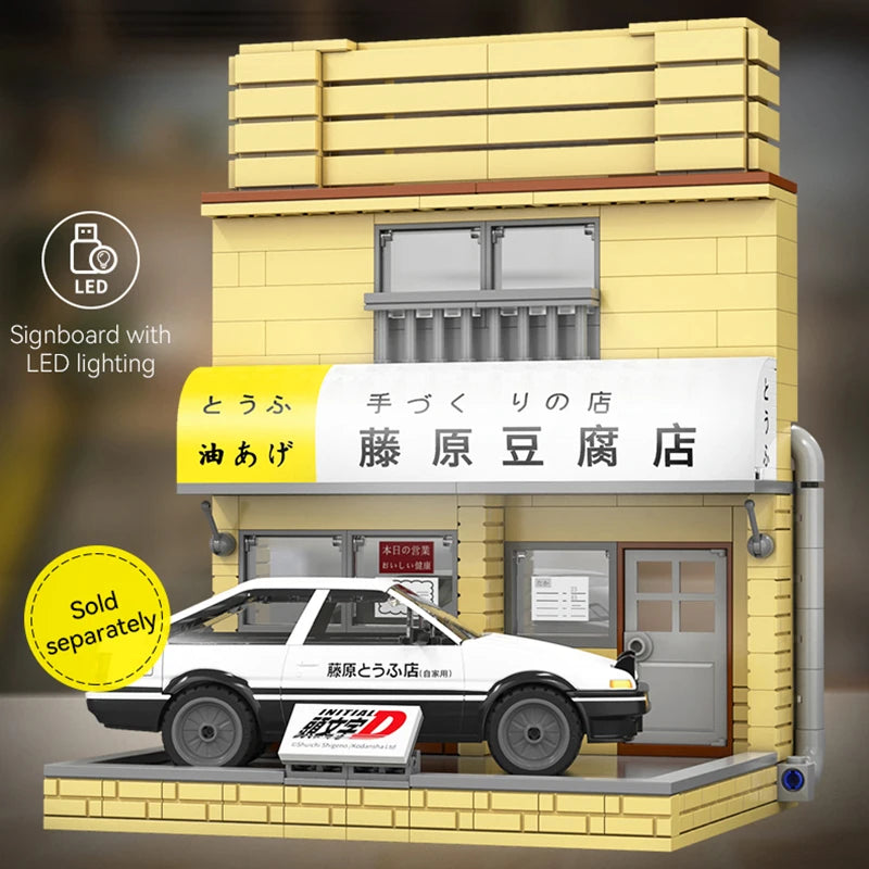 Cada Anime Initial D Tofu Shop House Model Building Blocks City Japanese Racing Car Parking Lot Bricks Toys Kid Gifts With LED