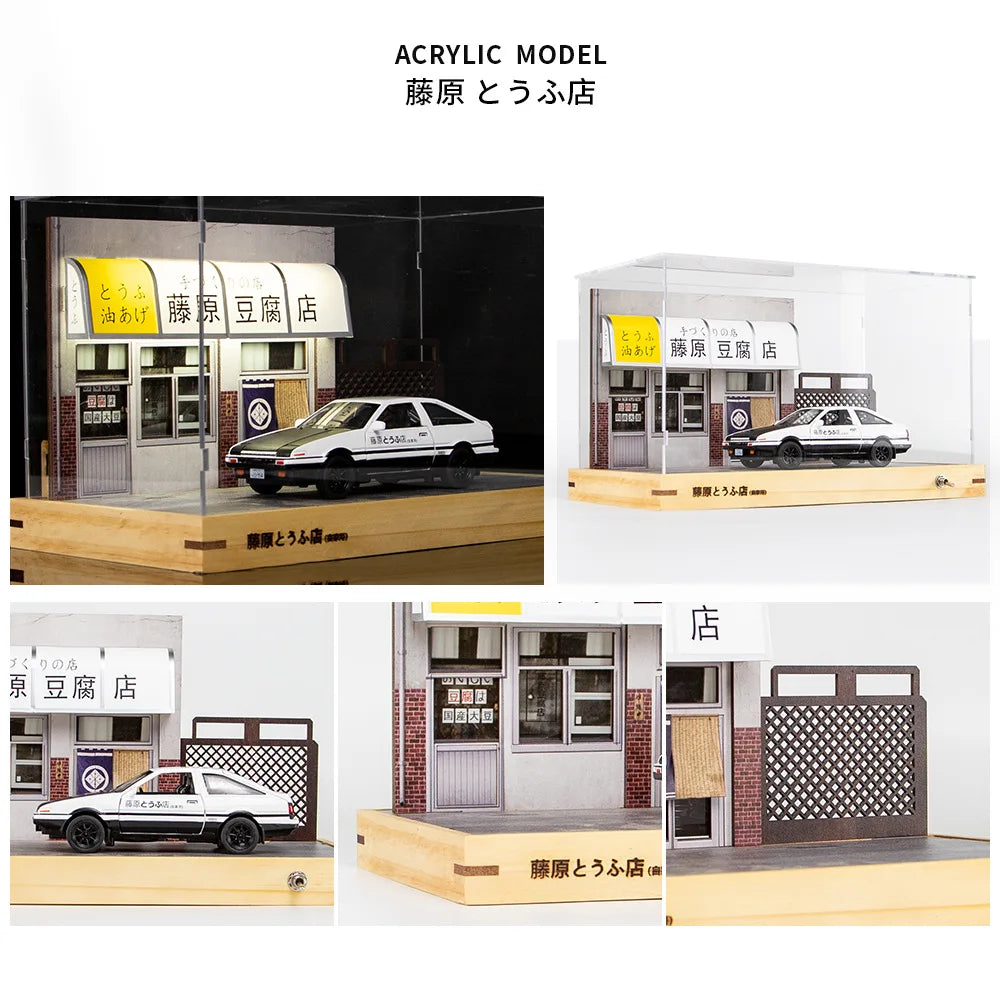 1:32 Initial D AE86 Fujiwara Tofu Shop Garage Display Case PVC Parking Lot Model Simulation Miniature Parking Space Scene