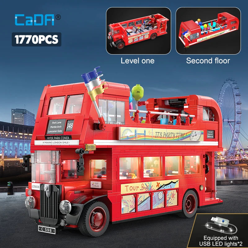 1770 Pcs Cada London Double Deck Bus Building Blocks Red Balloon Light Party City School Technical Car Bricks Toys for Kids Gift