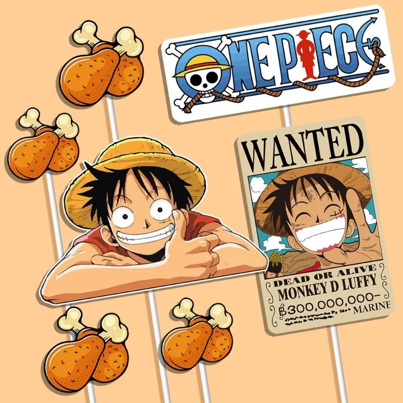 7pcs ONE PIECE Luffy Cake Topper Anime Boy Girl Birthday Cake Decorating Cake Flag Party Supplies for Kids Birthday Baby Shower