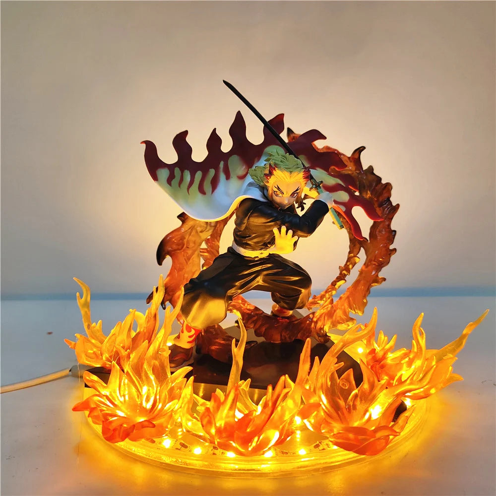 Demon Slayer Rengoku Kyoujurou Anime Figures Fire Led Scene DIY PVC Action Figure Toys Kimetsu no Yaiba Figurine Kids Doll 14cm